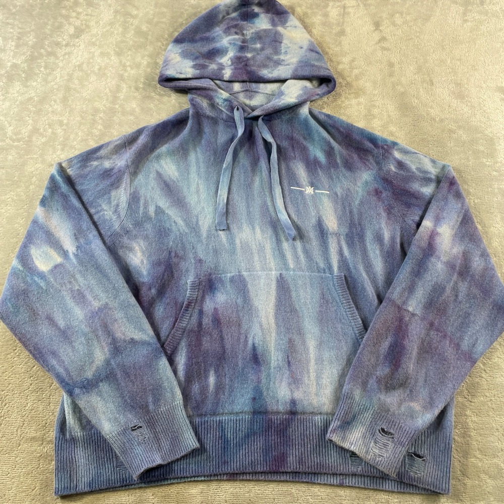 Amiri Hoodie Pullover Mens XL Blue Purple Tie Dye Cashmere Distressed USA Luxury